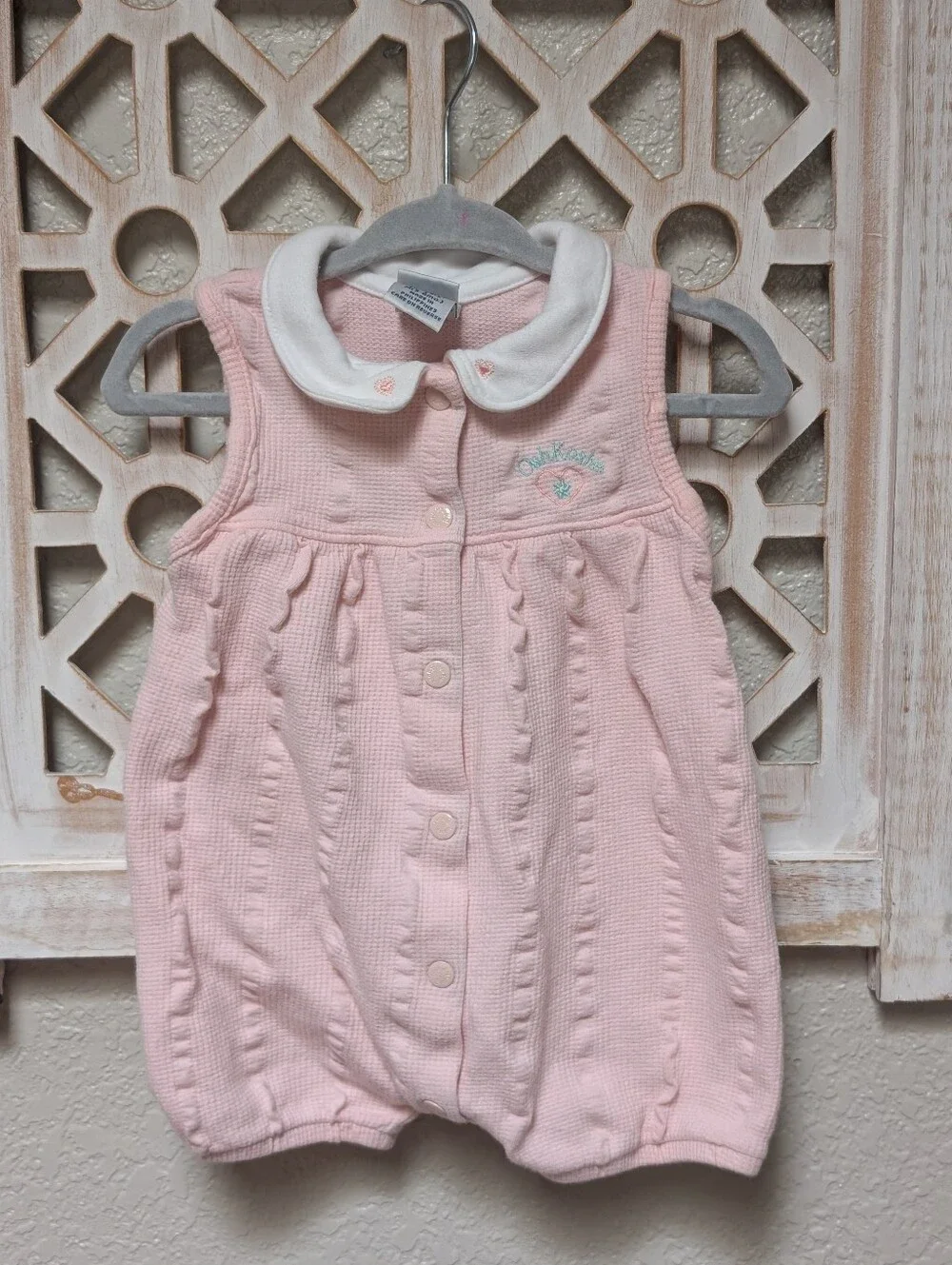 Vintage OshKosh B'Gosh baby girl 3-6 mos pink bubble romper peter pan collar